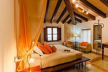 A bedroom with a canopy bed and a window