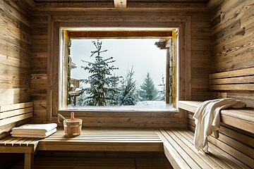 A wooden sauna with a window overlooking a snowy forest