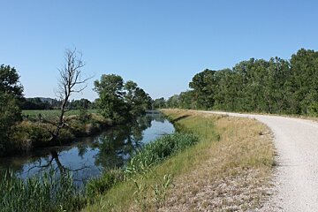 a canal and path running alongside it in summer