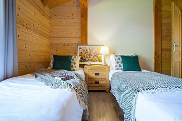 Cozy wood-paneled room with two single beds, each with green pillows & patterned throws. A nightstand with a lamp sits between them.