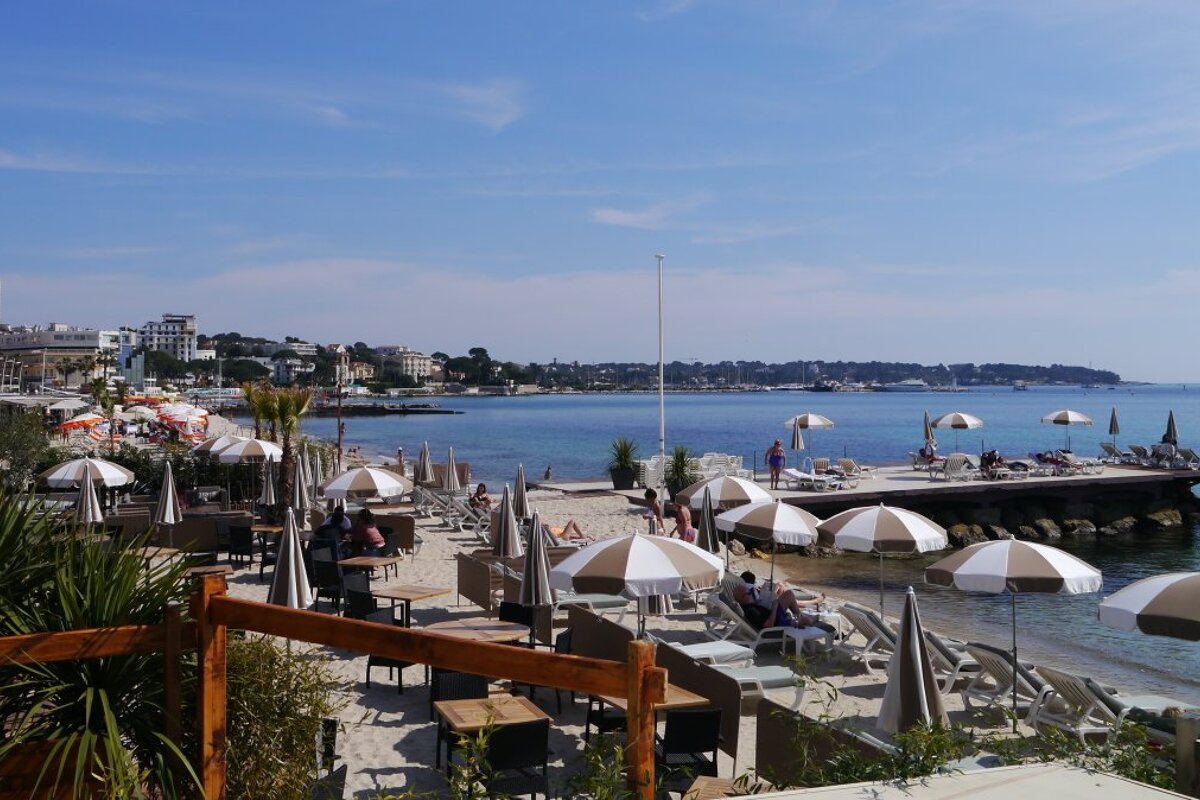 looking over a beach club Ponton Courbet Beach, Juan les Pins