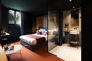 A hotel room with a bed and a sink