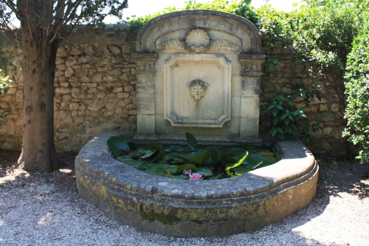 a water fountain with lilies growing in it