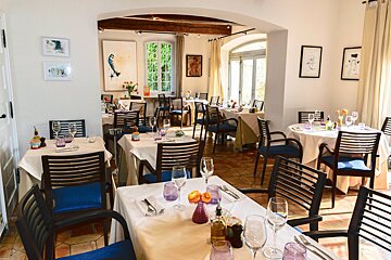A restaurant filled with tables and chairs and glasses of wine