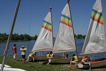 A group of sailboats with rainbow sails are lined up on the shore of a lake
