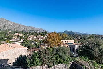 A view of a village with mountains in the background