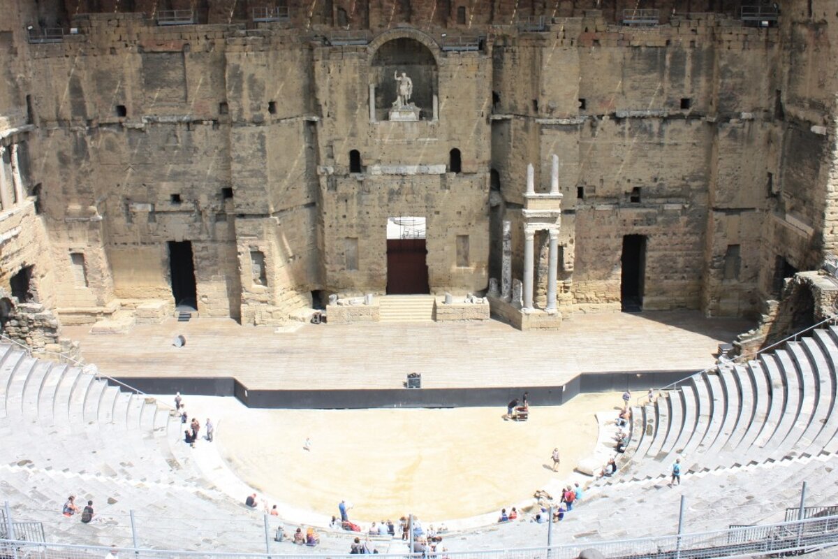 looking down on the stage in a Roman amphitheatre