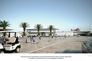 An artist 's impression of an airport with a helicopter in the background
