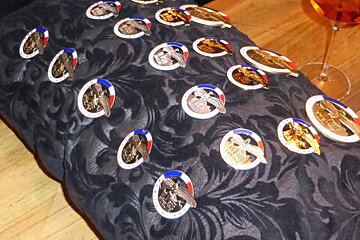 badges pinned to a cushion for a presentation