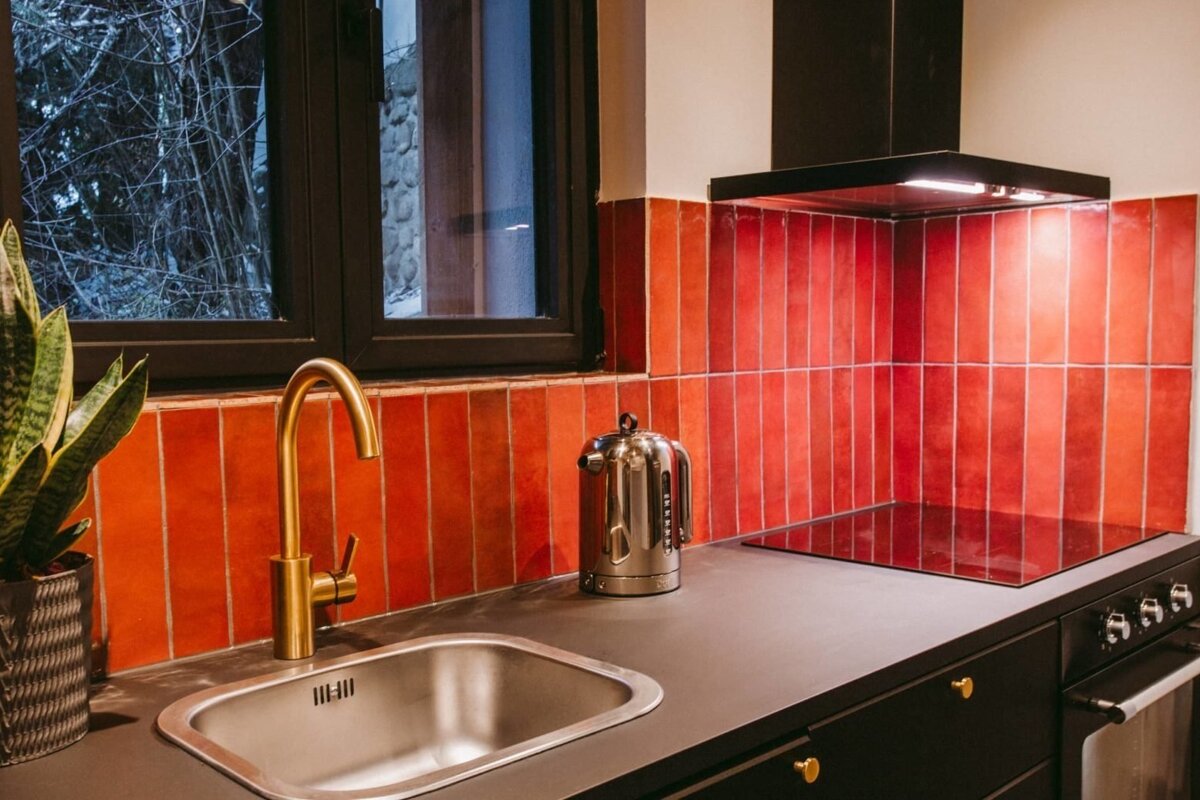 A modern kitchen featuring a vibrant red tiled backsplash, gold faucet, stainless steel sink, and black countertops with an induction stove. A plant sits by a window revealing trees.