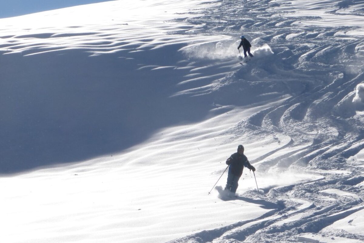 three skiers in fresh snow
