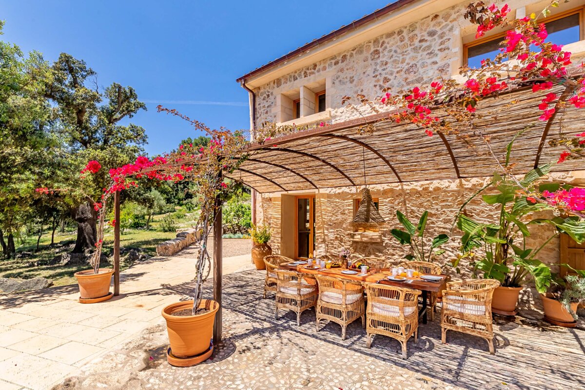 A patio with a table and chairs under a canopy