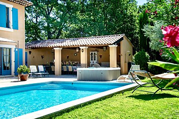 A house with a swimming pool and a hot tub