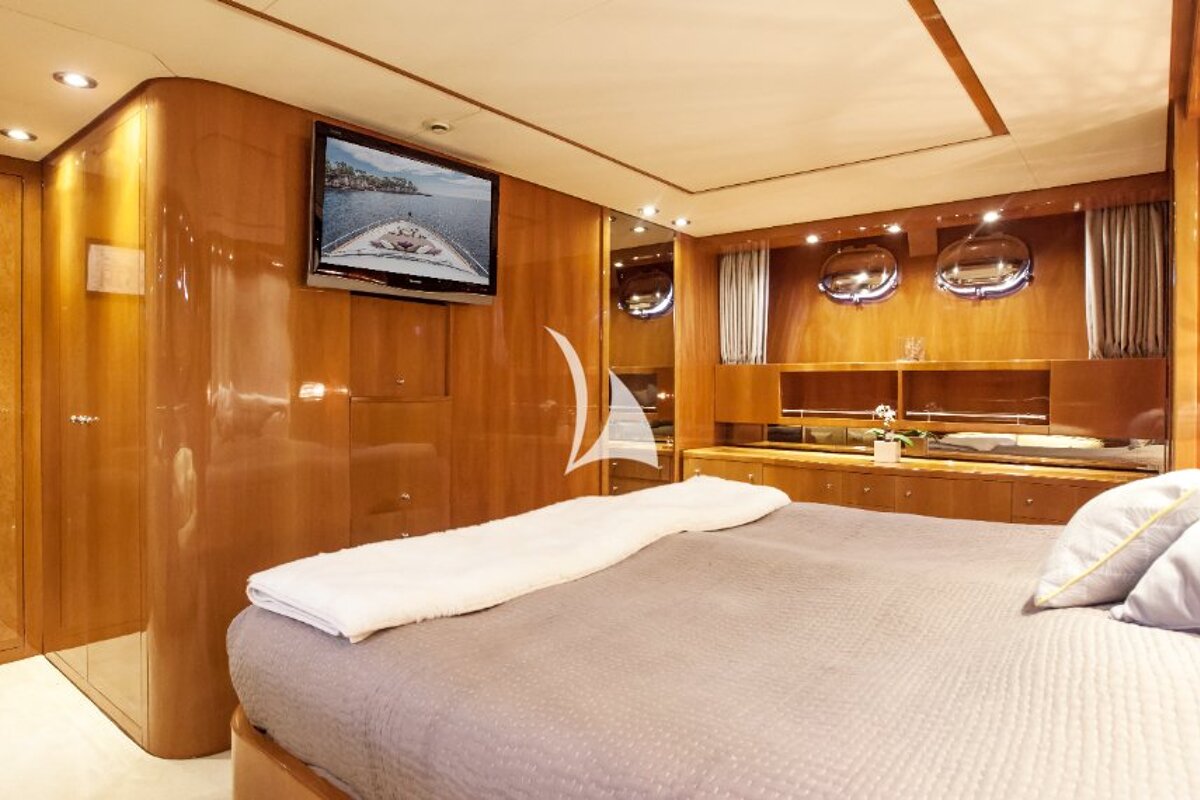 A bedroom with a flat screen tv on the wall above the bed