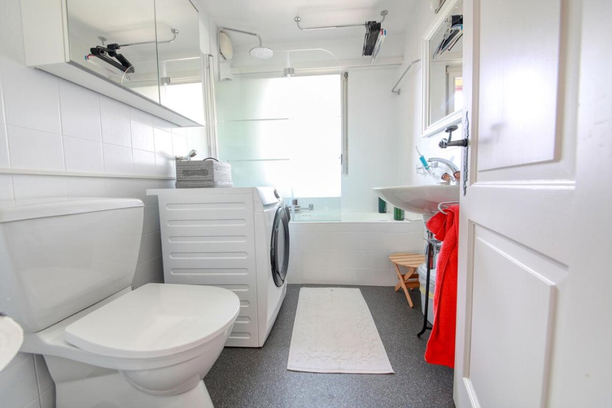 A bathroom with a toilet a sink and a washing machine