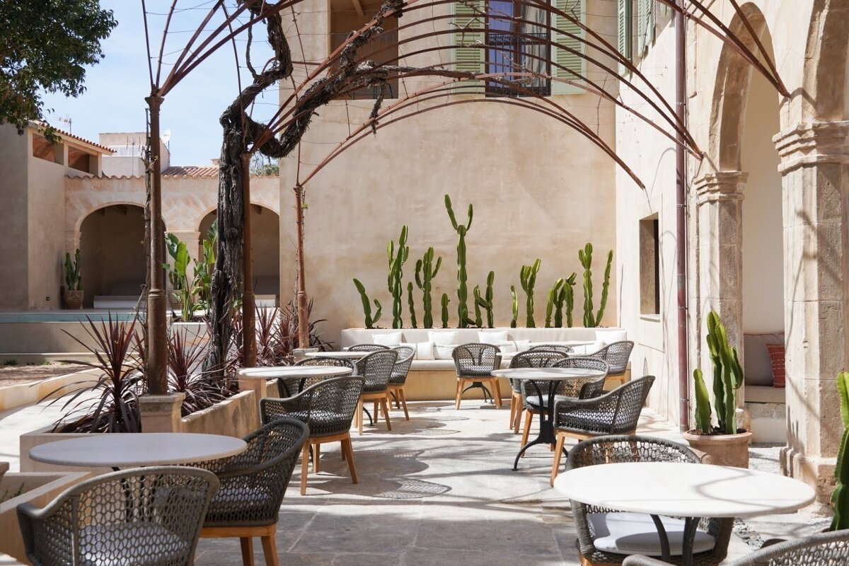 Sunny outdoor patio with tables, chairs, and cacti. A vine-covered pergola creates shade in this charming Mediterranean-style courtyard.