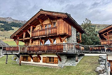 A large wooden house with a stone chimney sits on top of a lush green hillside