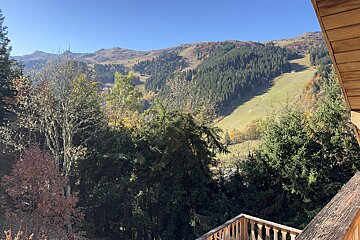 A sunny view of a mountain valley with mixed autumn and evergreen trees, a green ski slope, and a wooden balcony railing in the foreground.