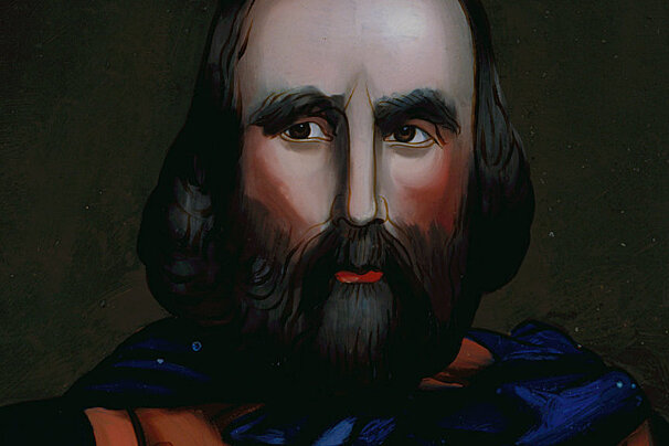 A painting of a man with a beard and red lips