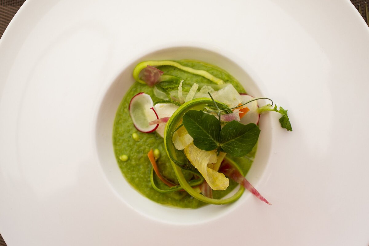 A white plate with a green sauce and vegetables on it