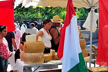 A woman stands in front of a table full of cheese