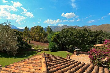 A rooftop view of a lush green field with mountains in the background