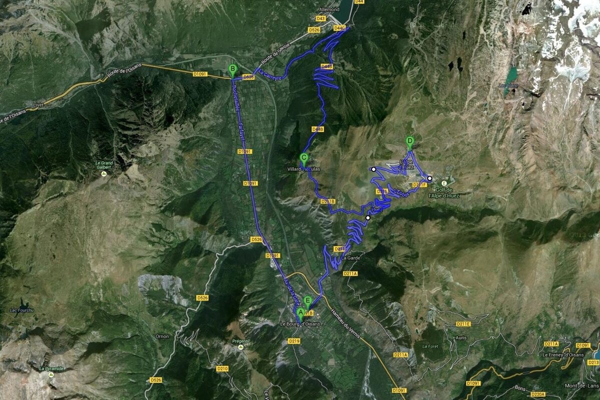road map of alpe dhuez cycle route