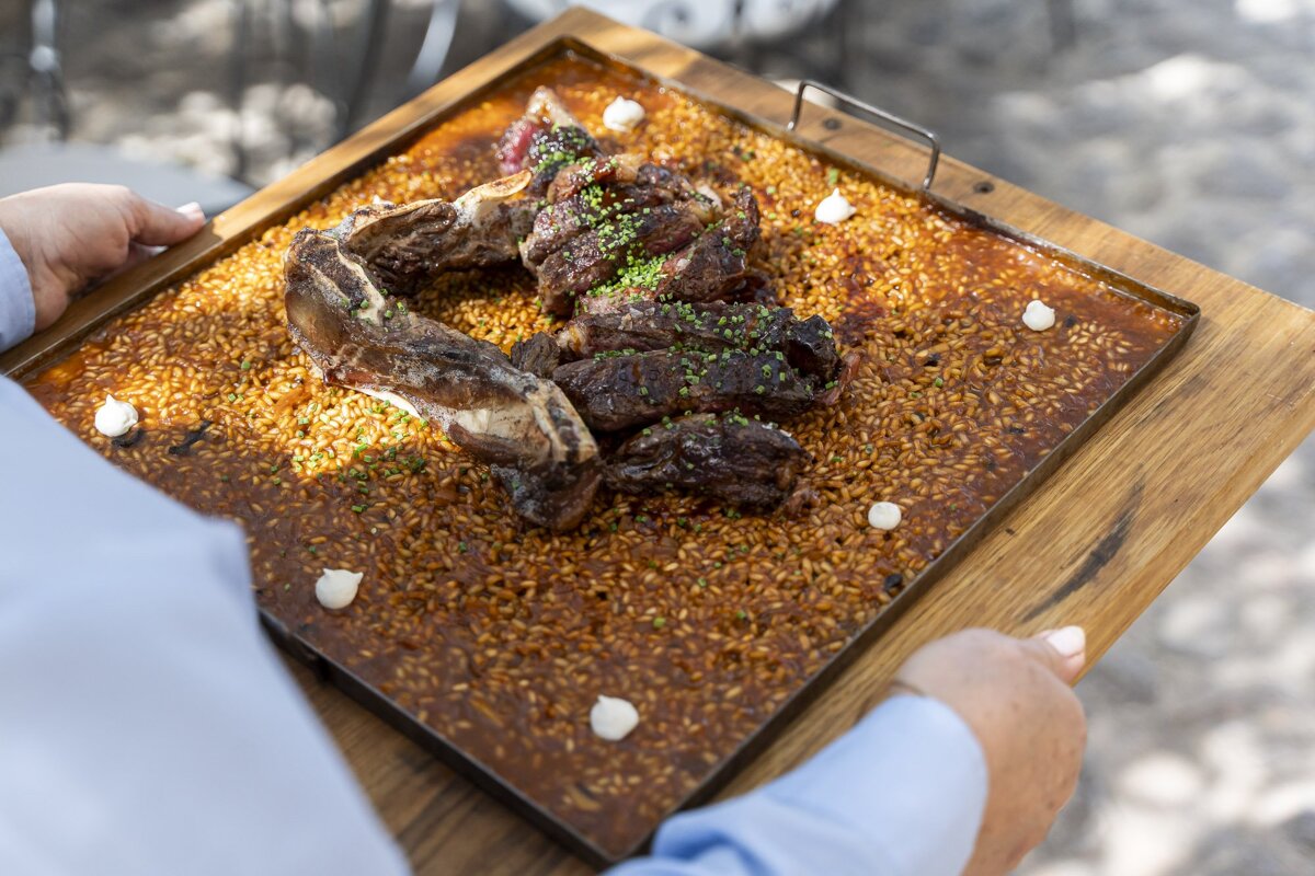 A person is holding a tray of meat and rice
