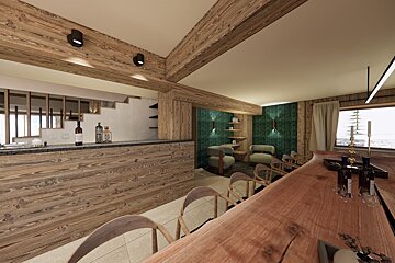 A rustic yet modern interior with wood paneling, a bar, a long wooden table, and a cozy lounge area with a green textured wall.