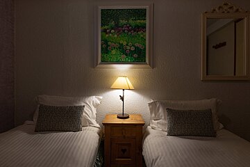 A cozy bedroom with two single beds, a nightstand with a lit lamp, a garden painting above, and an ornate mirror on the wall.
