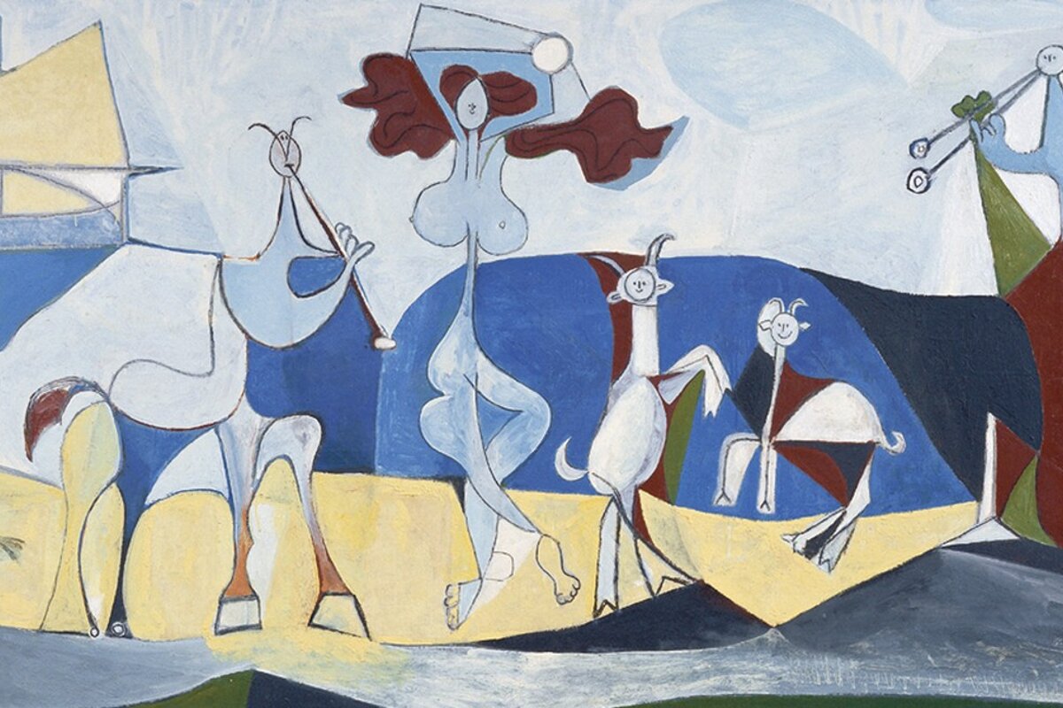 A painting of a woman standing next to a horse