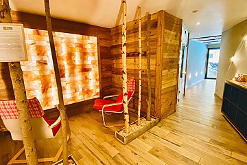A room with a wooden wall and a red chair