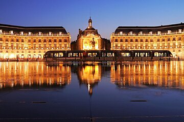 tram on place de la bourse at night bordeaux
