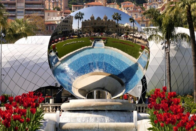 close up of the mirror globe outside casino de mnte-carlo