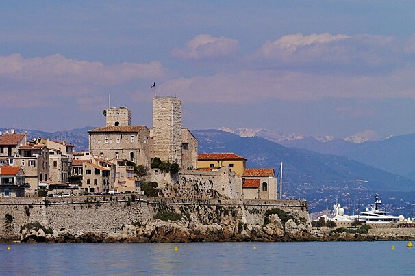old town antibes with superyachts & alps