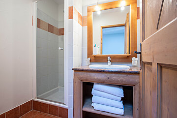 A bathroom with a sink a mirror and a shower