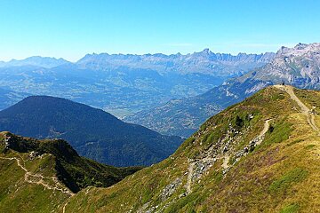 An image of a high mountain trails with peaks and valleys in the distance at chamonix mont blanc