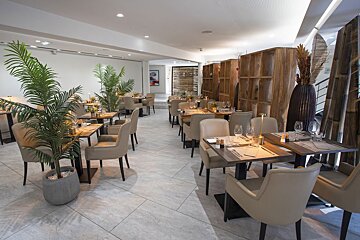 A dining room with tables and chairs and a plant in the middle
