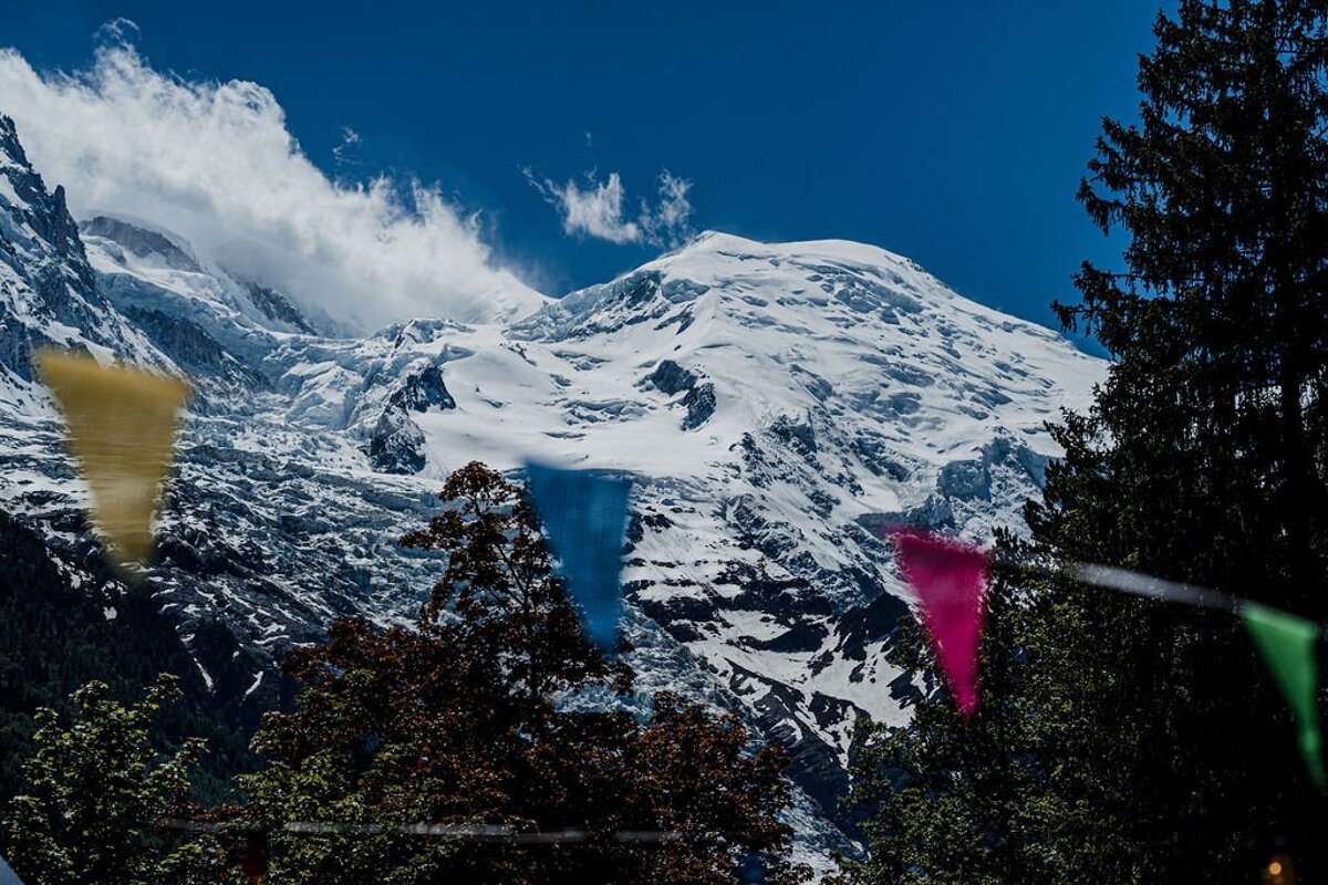 A snowy mountain with trees and flags in the foreground