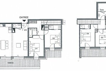 A black and white floor plan of a house with the word entree at the top