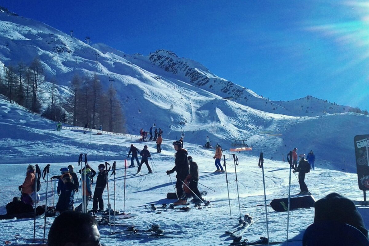 Looking over the ski hill with the sun shining