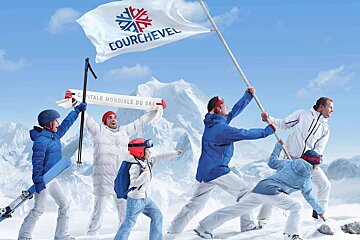 People celebrating on the snow with flags for Courchevel opening