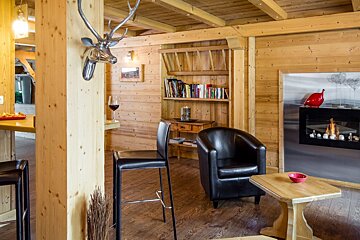 A living room with a deer head on the wall