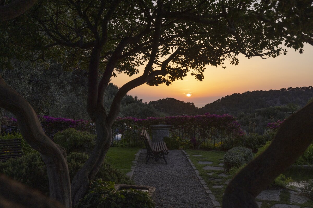 A sunset with a bench in the foreground