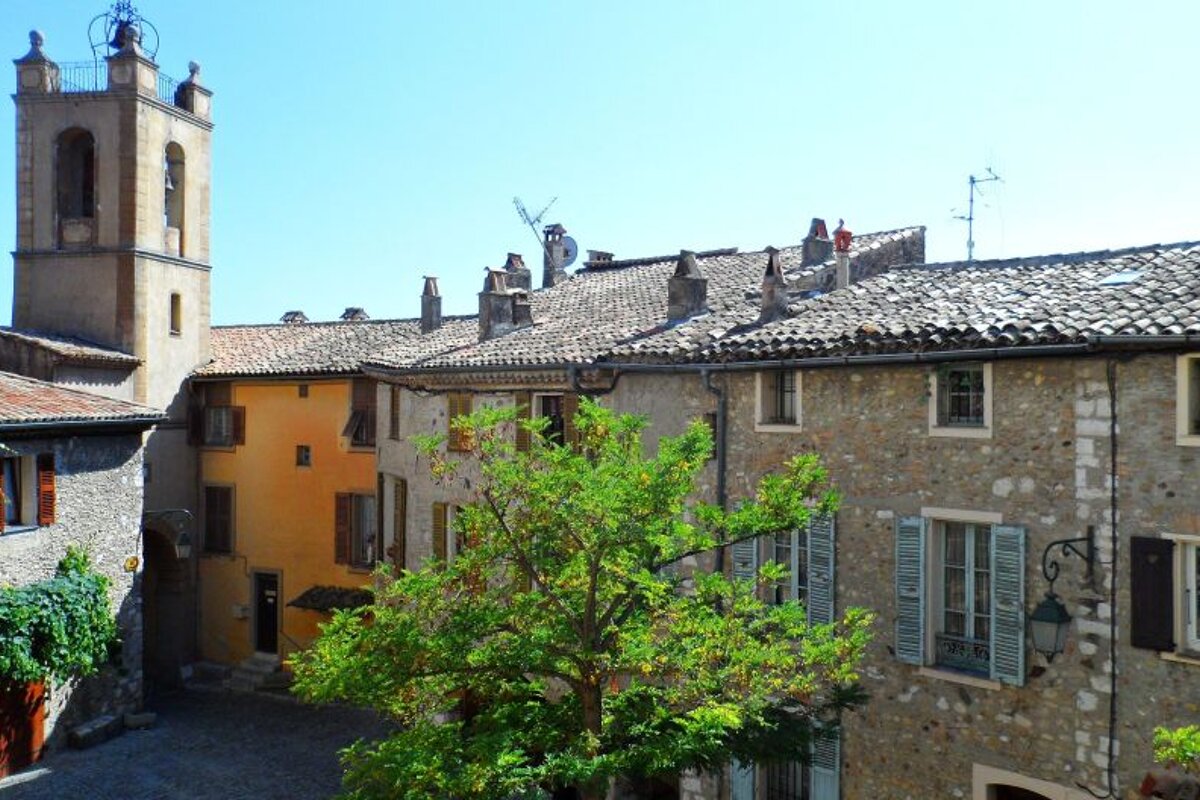 stone buildings and a clock tower