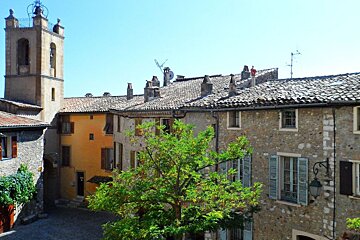 stone buildings and a clock tower