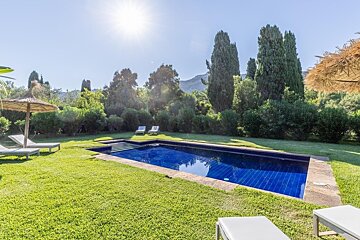 A sun-drenched outdoor pool area with a sparkling blue pool, green grass, lounge chairs, and tall trees against a mountain backdrop.