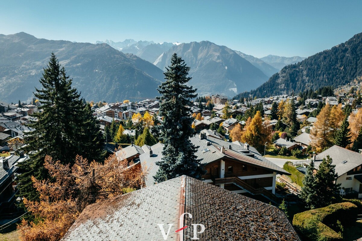 An aerial view of a village with mountains in the background