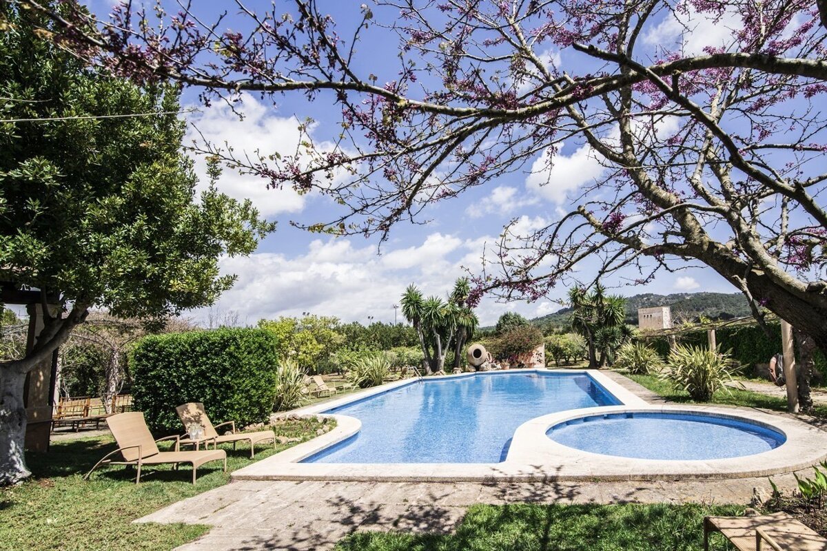 A curved swimming pool and attached hot tub in a sunny garden with green lawns and flowering trees. Two lounge chairs sit on the grass.