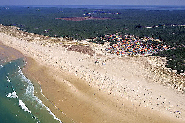aerial shot of small town of Carcans Oceans & the beach
